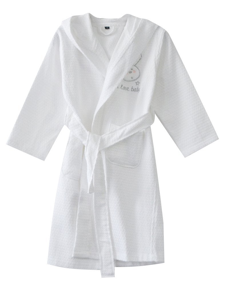 KISBINI 100% Cotton Long Hooded Robes Bathrobe for Kids Children White 8-9T - Image 1